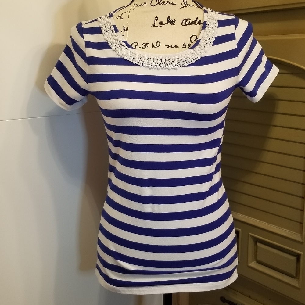 Talbots Blue White Nautical Striped Pearl Beaded Top XS - Picture 9 of 10